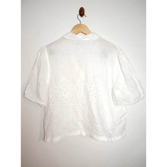 Joie Women XL 100% Linen White Eyelet Short Sleeve Button Crop Shirt Coquette - Picture 4 of 9